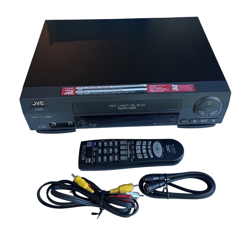 JVC HR-VP48U VHS VCR 4-Head SQPB Black With Box Remote Cables Vintage - TESTED